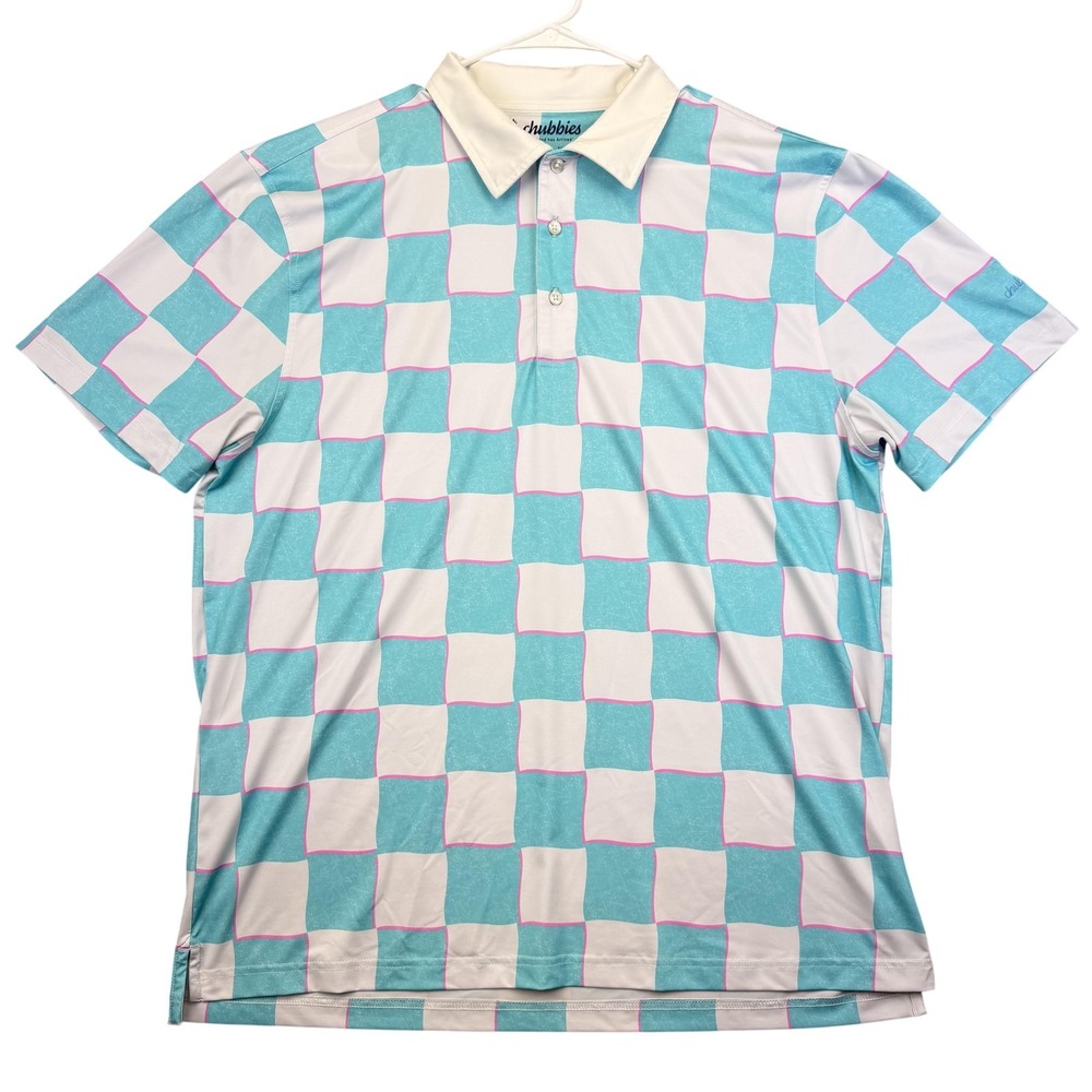 Chubbies Polo Shirt Mens XL Blue Checkered Weekend Golf Performance Stretch‎